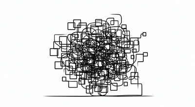 Black line drawing of a tangled web of interconnected boxes